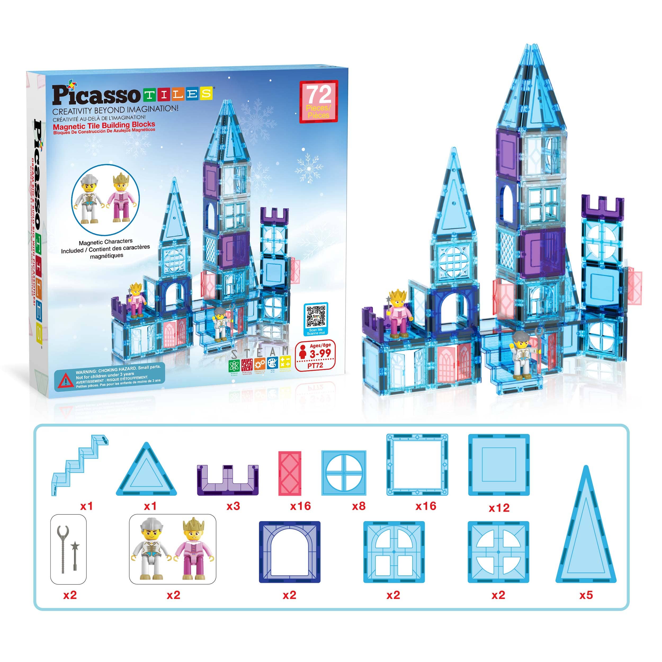 72 Piece Magnetic Building Tiles Castle Winter Ice Theme