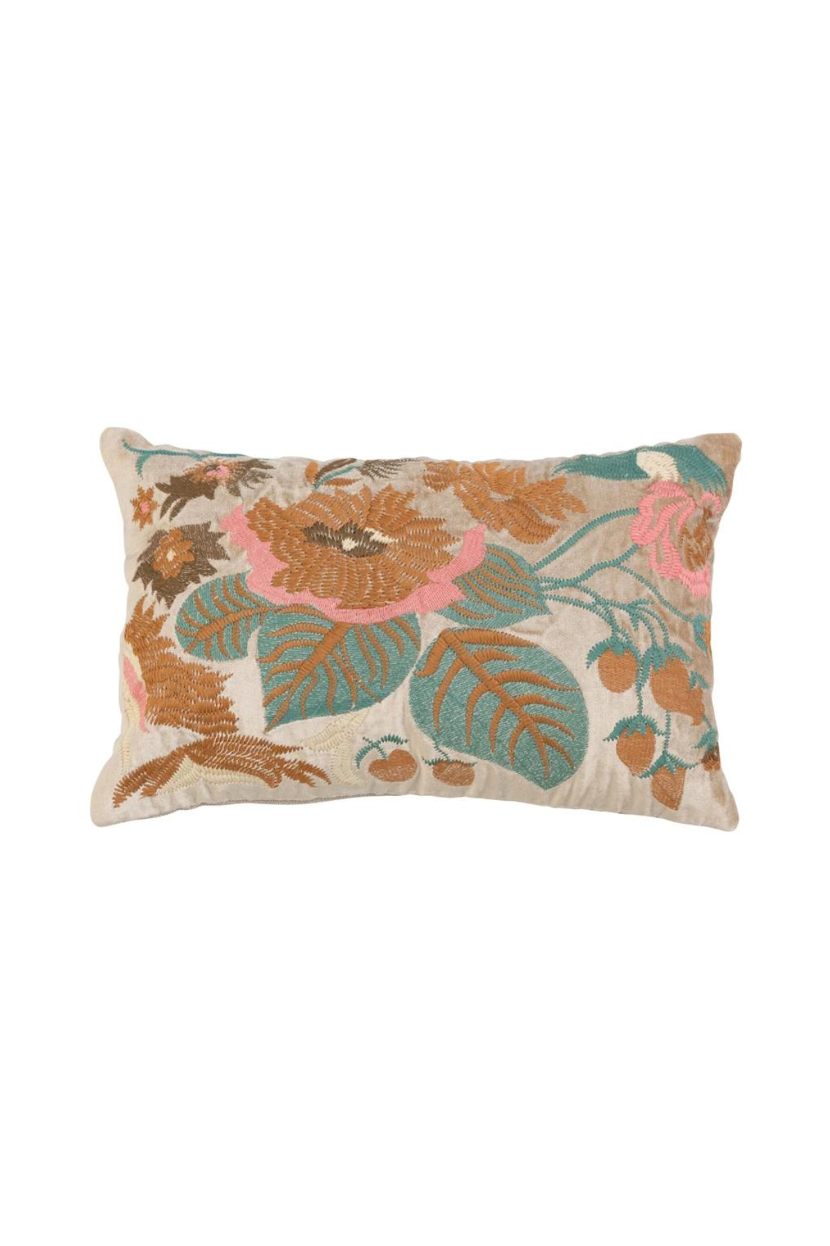 Velvet Lumbar Pillow w/ Floral Embroidery